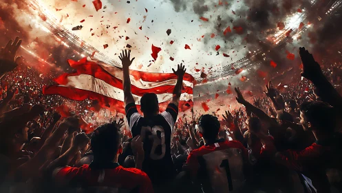 Stadium crowd vortex with elevated fan and striped banner.