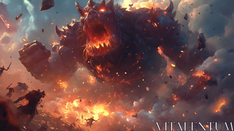 Colossal lava demon erupts over battlefield in fiery clouds.