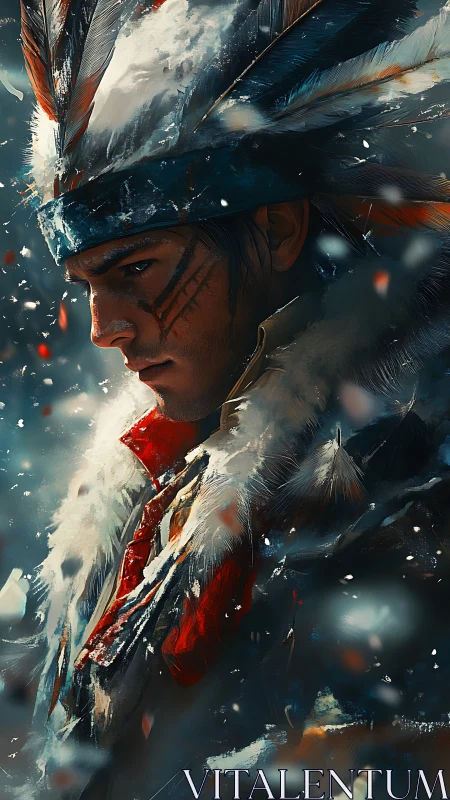 Winter-feathered warrior in drifting embers of memory.