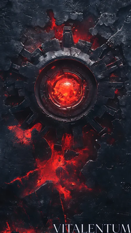 Molten cybernetic core embedded in fractured obsidian shield.