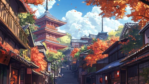 Autumn-lit Japanese pagoda dominates a traditional hillside street