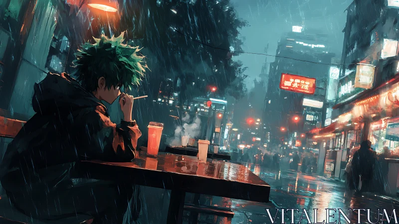 Rainy city ramen break with neon-lit late night thoughts.