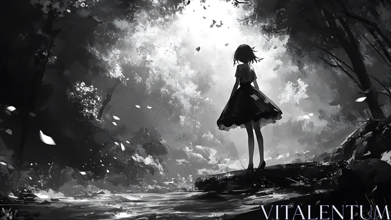 Silhouetted girl contemplates a luminous forest clearing.