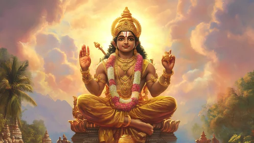 Digital painting of serene deity in golden seated composition.