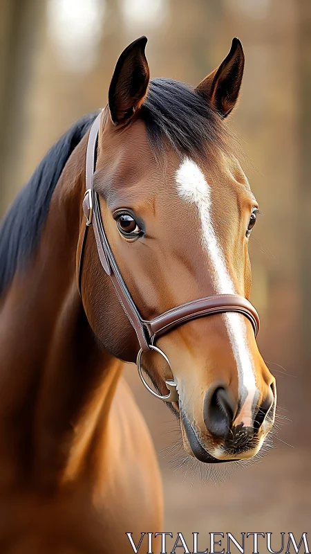 Photorealistic bay horse portrait with shallow depth of field.