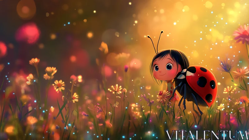 Ladybug girl character stands in glowing wildflower meadow