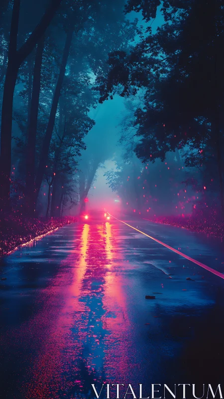 Neon mist floods a rainy forest road with electric solitude