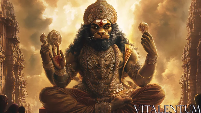 Divine monkey god seated in golden temple atmosphere.