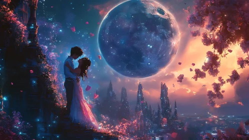 Celestial Romance: A Couple Under the Glowing Planet.