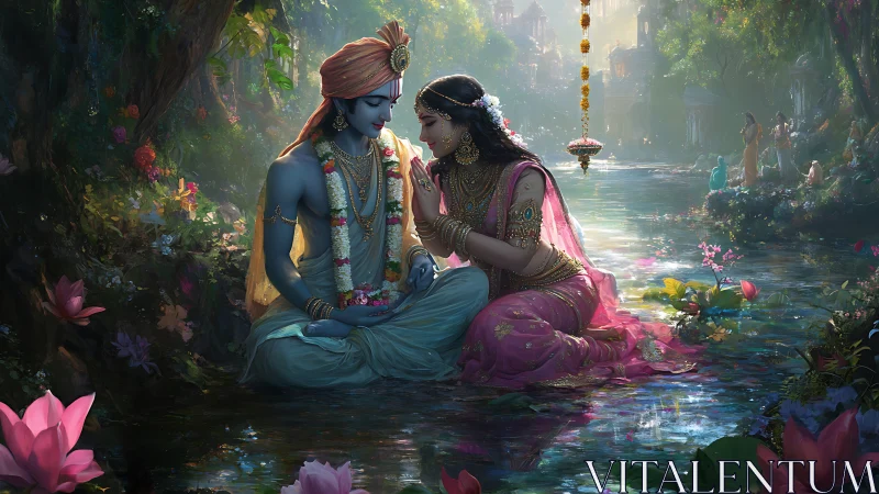 Divine lovers in jeweled garments rest beside a luminous river