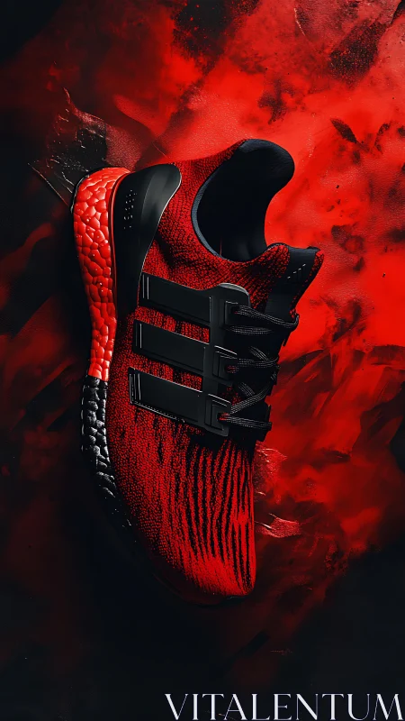 High-contrast red knit running shoe with sculpted foam sole