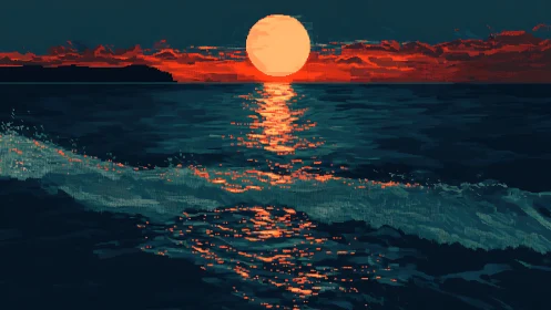 Pixelated crimson sunset over reflective ocean horizon.