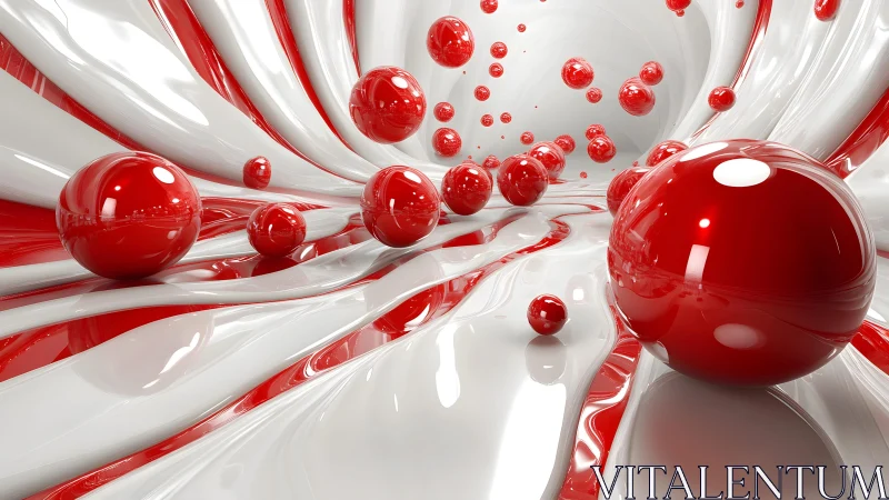 Red reflective spheres float inside curved white tunnel