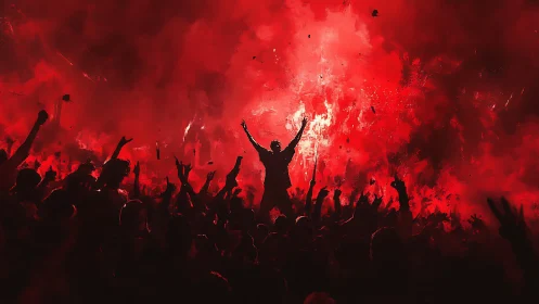 Crowd silhouette under red flares and dense smoke at night.