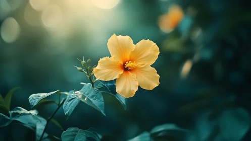 Yellow Hibiscus Flower with Dewy Leaves Against Blurred Teal Background