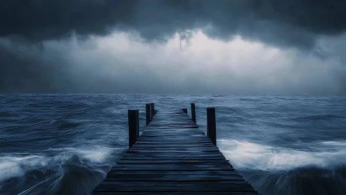 Storm-lashed wooden pier extending into dark turbulent sea.