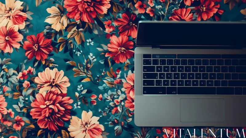 Open laptop rests on bold teal and red floral background.