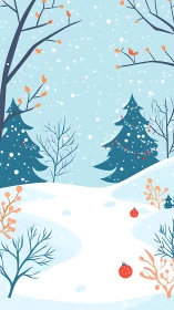 Minimal winter forest path with snow and conifer trees.