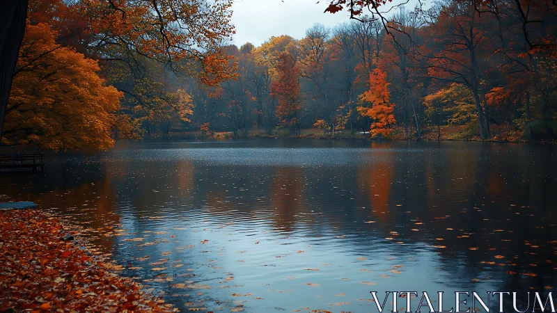 Calm forest lake reflects dense autumn foliage in soft light