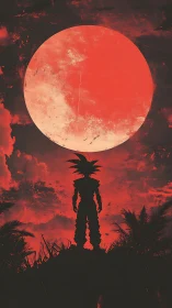 Saiyan silhouette under colossal blood-red moon glow.