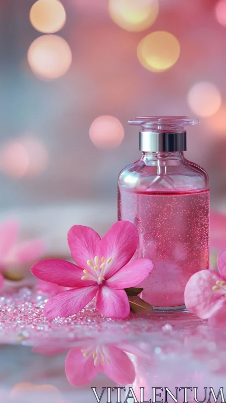 Pink blossom perfume bottle hums under dreamy bokeh lights