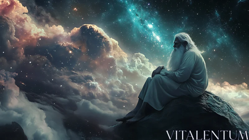 Elderly robed figure seated on rock before dense starfield.