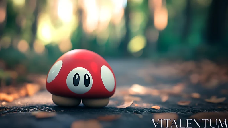 Red cartoon mushroom figure rests on a blurred forest path