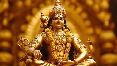 Golden Hindu deity statue glows against ornate radial halo