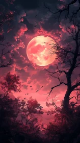 Red full moon over dense forest with silhouetted branches.