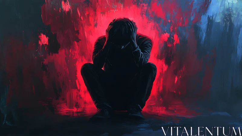 Backlit silhouette of distressed figure against red and blue field