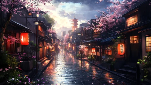 Rain-lacquered Kyoto alley with lantern bloom and pagoda glow.
