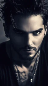 Monochrome close portrait of bearded man with styled hair.