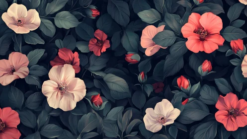 Floral composition with layered blooms and foliage against dark background