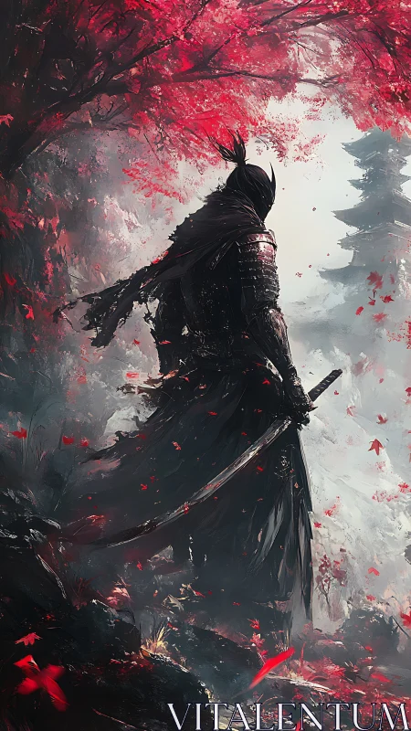 Lone armored samurai surveys crimson autumn temple path.