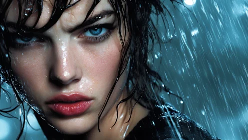 Close-up wet portrait of person under heavy artificial rain