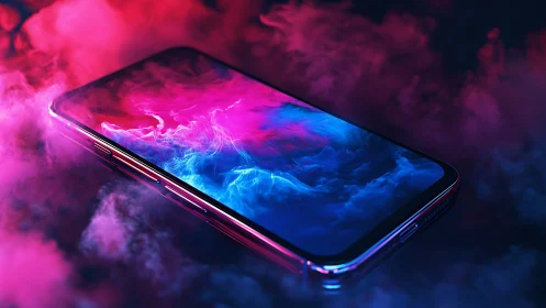 Edge-lit smartphone in neon vapor field with reflective glass optics