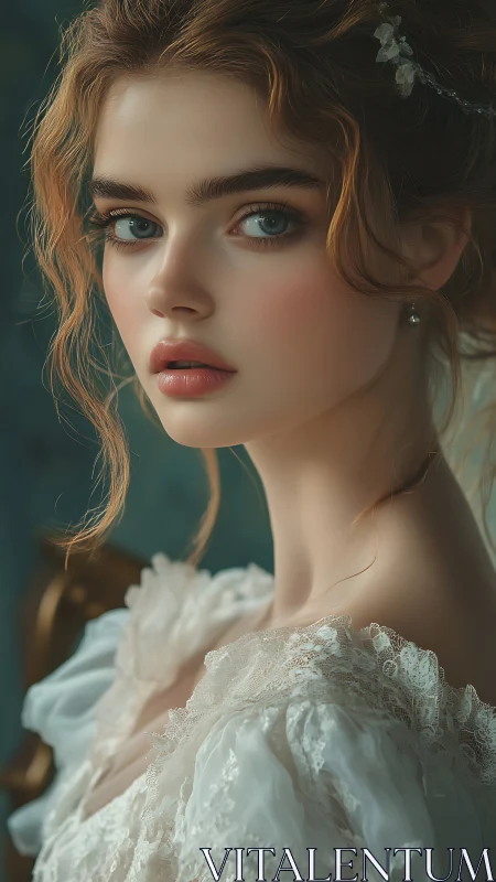 Portrait of young woman in lace dress with soft lighting.