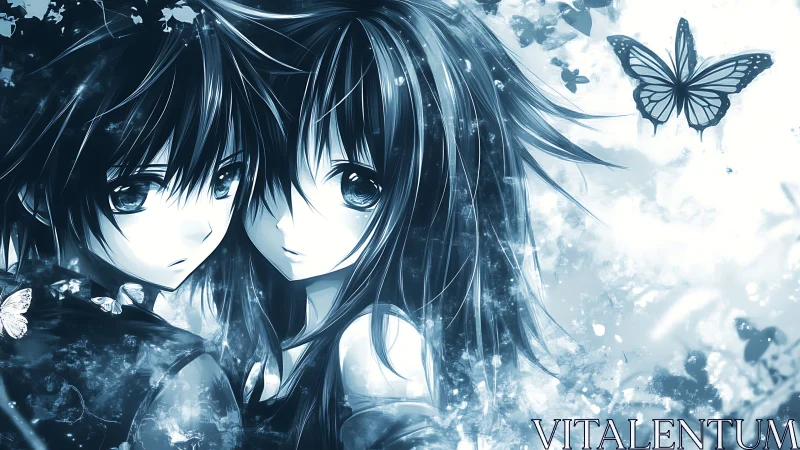 Monochrome anime couple framed by luminous butterflies in motion