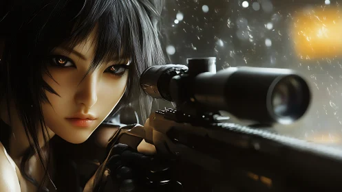 Female Sniper with Rifle Aiming in Rain.
