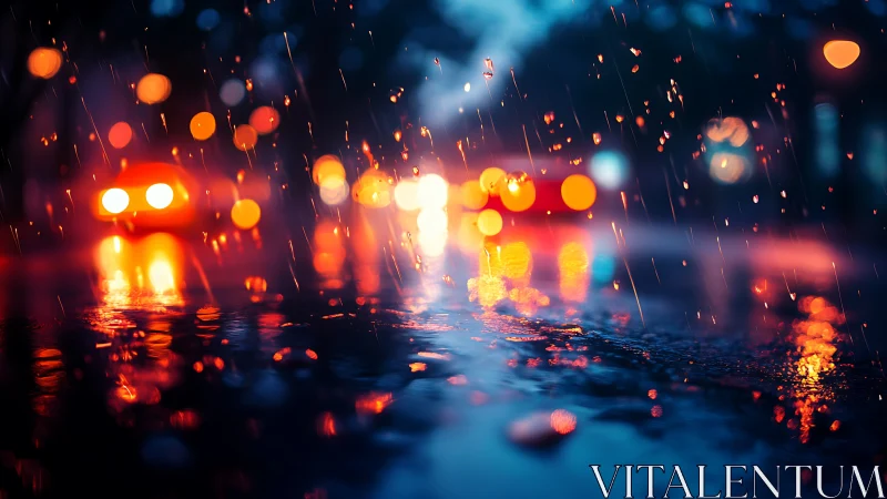 Urban roadway in rain with defocused vehicle lights at night.