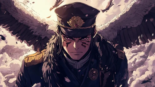 Winged military commander glares through stormlit clouds.