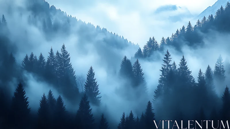 Mountain forest valley shrouded in dense fog and mist