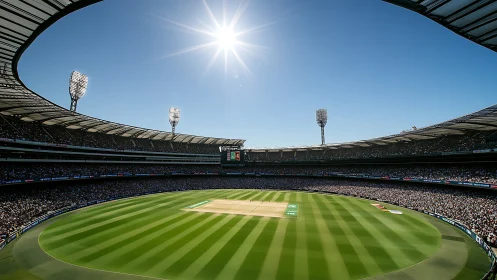 Cricket stadium hosts packed daytime match under clear sky