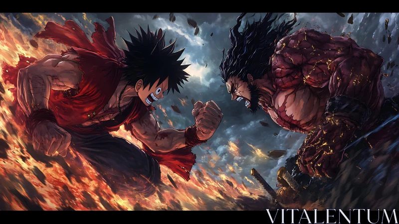 Two muscular anime fighters charge toward each other in flames