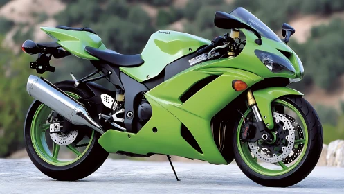 Lime green sport motorcycle with aerodynamic fairing profile.