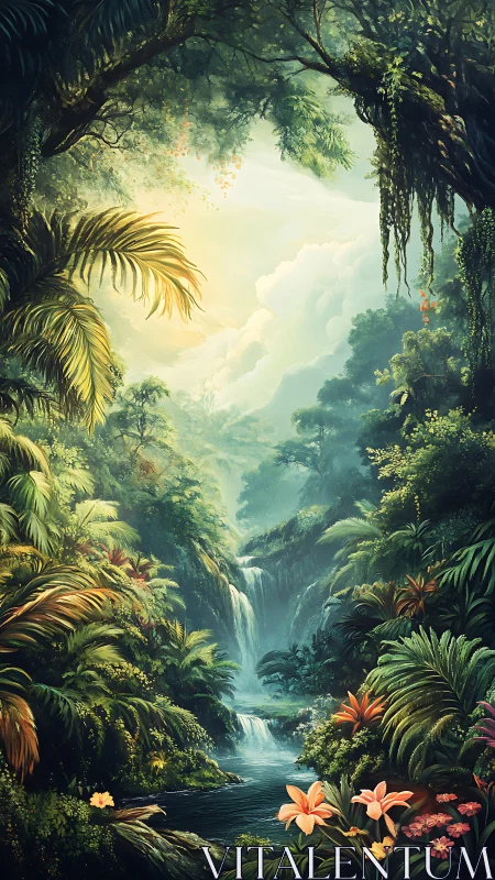 Emerald waterfall cathedral where jungle light hums softly.