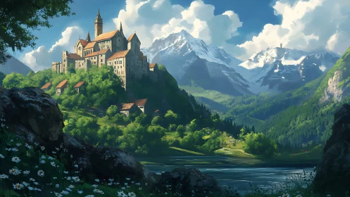 Medieval hilltop castle overlooks bright alpine valley landscape.