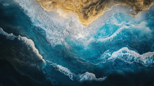 Aerial coastal interface with turbulent wave field dynamics.