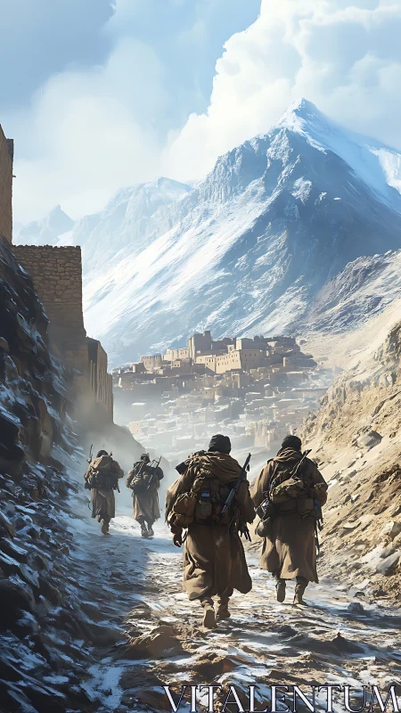 Soldiers traverse a narrow mountain pass toward a distant village