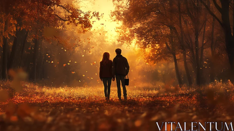 Two Silhouetted Figures in Autumn Forest with Luminous Bokeh Canopy